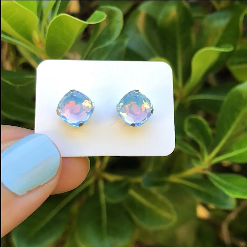 Pastel Periwinkle Aurora Borealis Opal Cushion Cut Crystal Earrings
